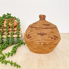 Vintage Alaskan Eskimo Inuit Coiled Beach Grass Lidded Dyed Basket picture