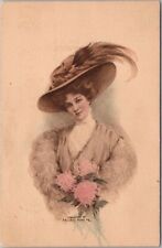 Vintage 1911 Artist-Signed J. KNOWLES HARE Postcard Pretty Lady / Pink Flowers picture