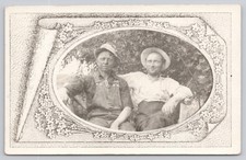 RPPC Two Dudes chillin' on a Bench Posted 1917 Matte Finish Real Photo Postcard picture