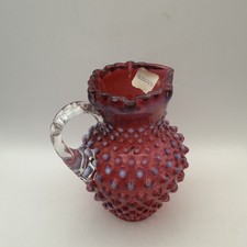 Fenton Pitcher Hobnail Pink Cranberry Opalescent 6” Clear Handle Orig Price TagB picture