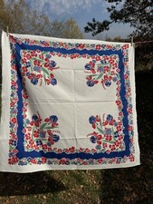 Vintage 1940S 50S Tablecloth White Blue Red Green Iris Floral approx. 46.5x48.5 picture