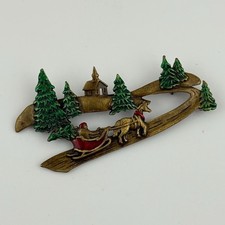 JJ Jonette Brooch Pin Santa Sleigh Church Christmas Trees Brass Tone picture