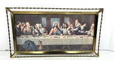 Vintage Last Supper Framed Print Gold Tone Twisted Wire Vanity Tray 15x8 picture