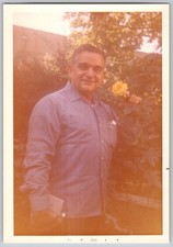 Vtg Color Snapshot Smiling Man in Blue Button Up Shirt Holding Yellow Rose 1970 picture