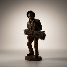 Vintage Hand Carved Wooden Man Figurine Folk Art Sculpture Bundle Sticks 13.5” picture