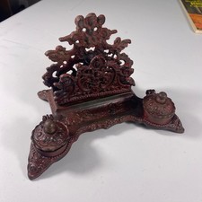 Antique Ornate Brass Double Inkwell Cherub Putti Letter Holder Victorian Desk picture