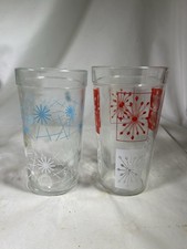 VTG Pair of MCM Atomic Red White Blue Starburst Drinking Glass Mid Century picture