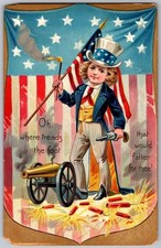 Independence Day Tuck's Postcard Uncle Sam with Flag and Cannon c1900s picture