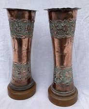 2 ANTIQUE VINTAGE TRENCH ART VASES WW1 WORLD WAR ART NOUVEAU FLOWER DEFORMED TOP picture