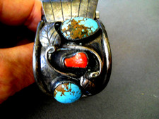 OLD Native American Royston Turquoise Coral Sterling Silver Cuff Watch Bracelet picture