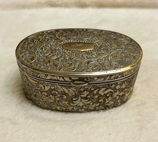 Vtg Oval Silver-Tone Engraved Hinged Trinket Box with Red Velvet Lined Interior picture