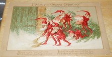 Santa's Bright Red Elves Sweep Up Snow-Victorian PRANG Christmas Card picture