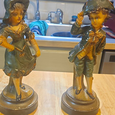 DAP Metal Boy & Girl Figurines Pair, Painted Green & Gold, Signed, Unboxed picture