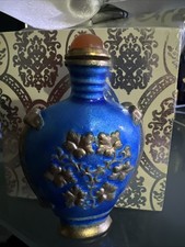 Antique Enameled Brass Parfume Bottle Cobalt Blue with Flowers picture