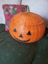 Vintage Large Halloween Jack-o-lantern Wicker Basket With Lid picture