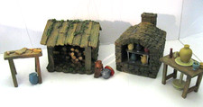 5 pc FONTANNINI ITALY RESIN~NATIVITY SCENE~POTTERY KILN & WOOD SHED , SAW HORSE picture