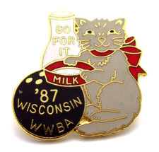 Vintage 1987 Wisconsin WWBA Lapel Pin Go For It Cat Milk Bowling Ball Gold Tone picture