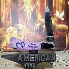 RR Rough Rider Jesus Loves You Purple Bone Clip Point SS Slipjoint Pocketknife picture