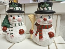 Vintage Ceramic Snowman Pair Hand Painted Holiday Decor Tree & Broom 8” tall picture