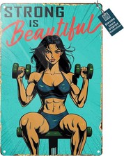 Gym Fitness Girl Strong Is Beautiful Tin Metal Signs Home Décor 8x12 picture