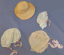 Antique Vintage Doll Baby Bonnet Lot 3 White Cream Lace Satin Bonnets Assorted picture