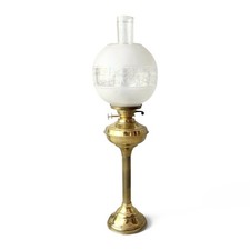 1890s Antique Edwardian Solid Brass English Tall Oil Lamp 27” w/ Globe & Chimney picture