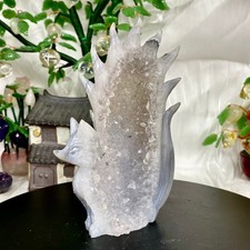 455G Natural Amethyst Geode Hand Carved Nine-tailed Fox Quartz Crystal Decor picture