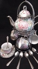 20 Piece Tea Set Tea Pot 6 Cups w Saucers w/ Rack Silver Multi Style 3 oz Cups picture