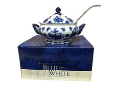 Vintage Cracker Barrel Blue & White Porcelain Soup Tureen Floral w/ Handles NIB picture