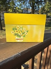 VTG 70’s Retro Yellow Floral Metal Recipe Box Tin Made in USA Recipe Holder picture