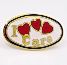 Vintage I Care Lapel Pin Red Hearts Gold Tone Oval Volunteer Recognition picture
