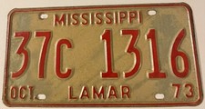 1973 Mississippi License Plate 37C 1316 Lamar County Purvis Oak Grove Sumrall picture