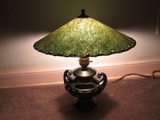 Vtg MCM Black Double Handle Black Ceramic Table Lamp w/ Green Fiberglass Shade picture