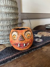Scary Paper Clay Jack O Lantern Candy Container With Wire Handle picture