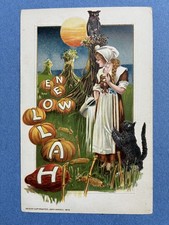 Vtg 1913 Halloween Postcard John Winsch Cat Owl Pumpkins Winsch Girl UNUSED picture