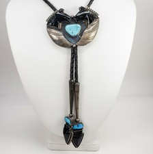 Vintage Native American Navajo Ramone R Platero Double Horse Turquoise Bolo Tie picture