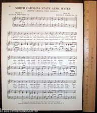 N.C. STATE Alma Mater ~~~~ NORTH CAROLINA NC STATE Vintage Song Sheet c1953 picture