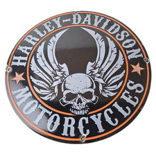Vintage Harley Davidson Motorcycle Sign - Skull & Wings Gas Pump Porcelain Sign picture