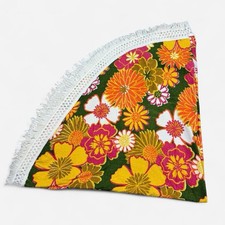 VTG Bright Flower Power Terry Fabric Hippie Retro Round Fringe 1970s Tablecloth picture