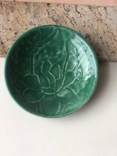 Elegant Vintage Green-Glazed Ceramic Art Plate or Trinket Dish, Floral, Signed picture