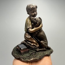Boy Hugging Dog Figurine Bronze Finish Statue Sculpture Animal Home Decor Gift picture