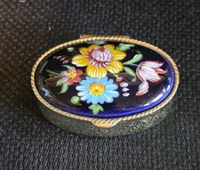 Vintage Hand Painted Floral Pill Box Gold Tone Oval Metal Porcelain Enamel Lid picture