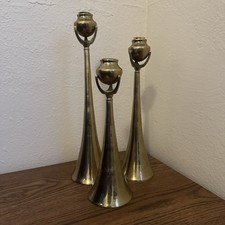 3 Vtg Mid-Century Solid Brass Candlesticks Candle Holders Graduated MCM India picture