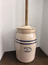 Vintage Marshall Pottery TX Butter Churn Crock 2 Gal. Blue Stripe +Lid/Dasher picture