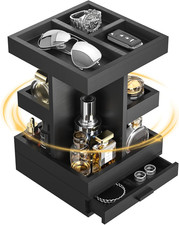 Rotating Cologne Organizer for Men, 3 Tier Wooden Stand with Drawer | 360 picture