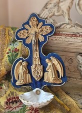 19thC Antique French Religious Velvet Crucifix .1800s Porcelain Holy Water picture