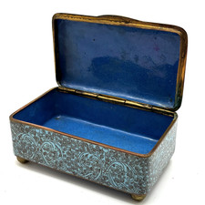 Antique Chinese Cloisonne Enamel Footed Trinket Box Turquoise/Blue 4x2.5x1.75