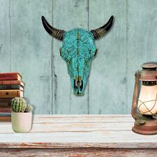 Turquoise Southwest Tribal Carved Bull Steer Skull Wall Hanging Decor Sculpture picture
