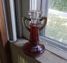 ANTIQUE RUBY STAINED GLASS SOUVENIR OF BRISTOL,NH CANDY CONTAINER CANDLESTICK picture