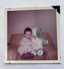 Vtg Color Snapshot Carnival Fair Prize Teddy Bear with Toddler Boy picture